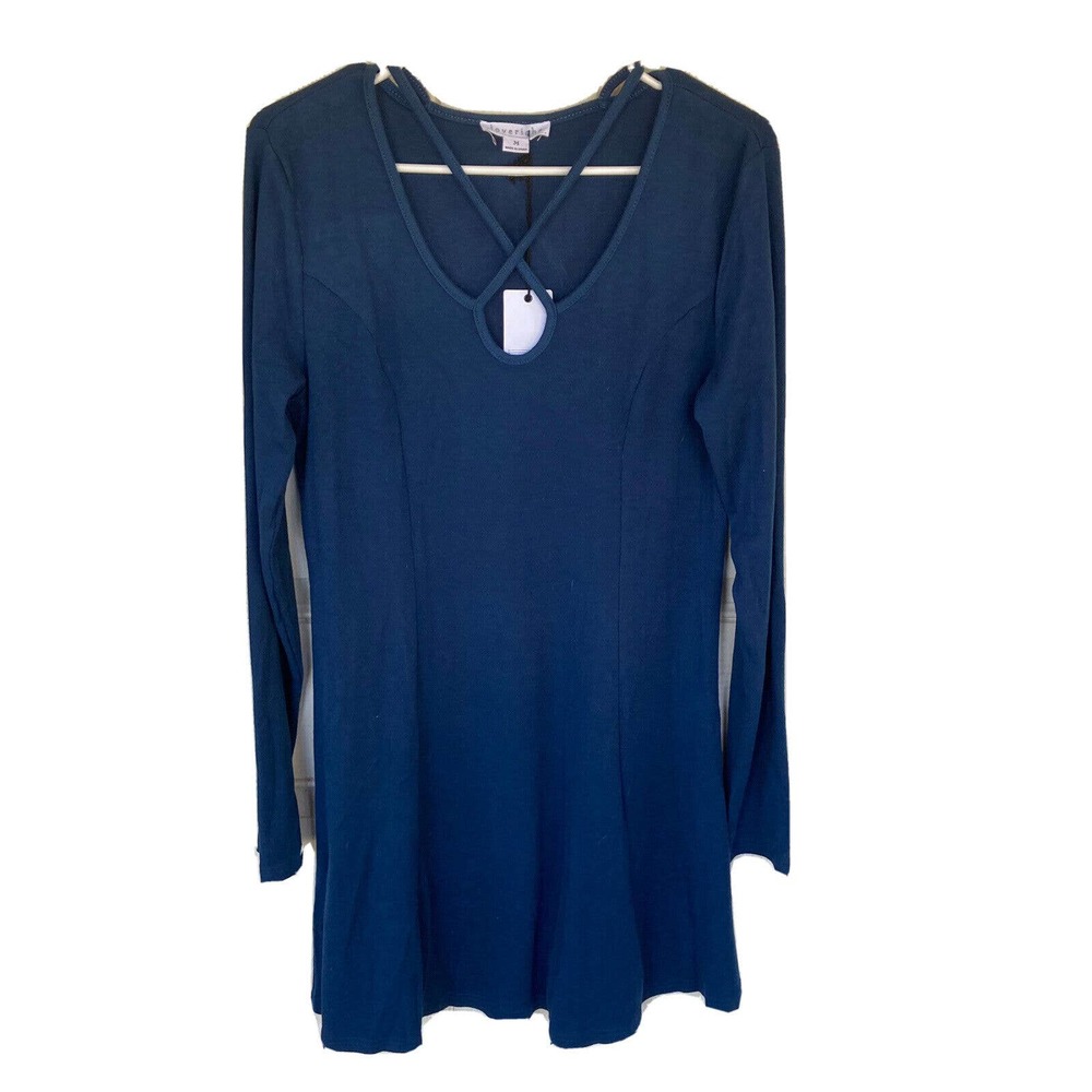 Loveriche Mini Dress Sz Med Teal Long Sleeve Criss Cross Front Stretchy Flowy